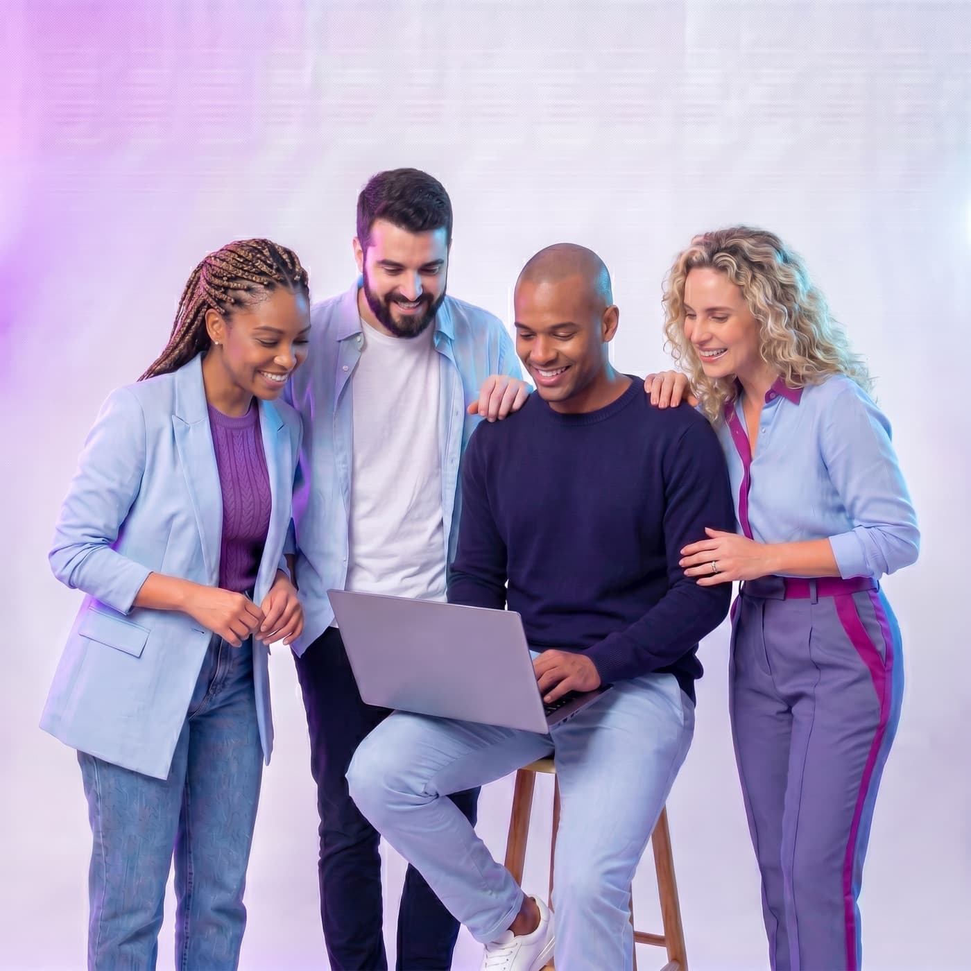 Equipe reunida olhando um notebook